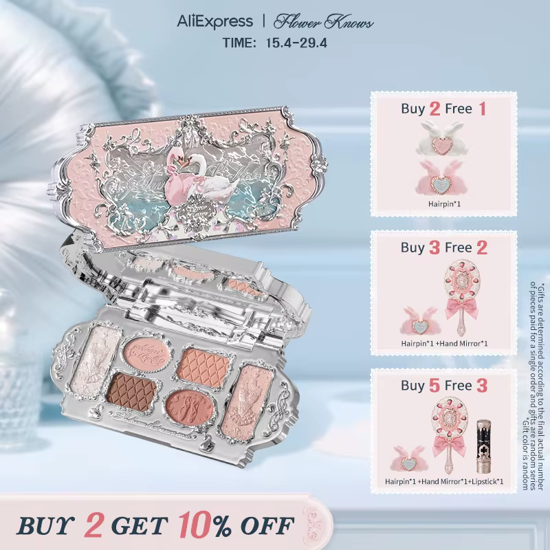 Palette de maquillage Flower Knows Swan Ballet Series Six couleurs, fini mat délicat, brillance scin