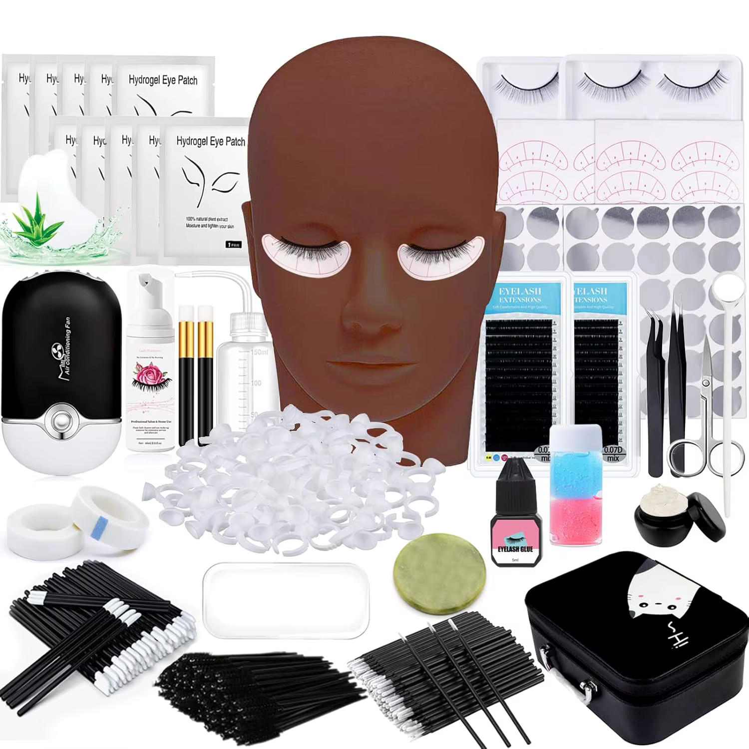 Kit d'extension de cils professionnel avec tête de mannequin, ventilateur USB, shampoing, colle et b