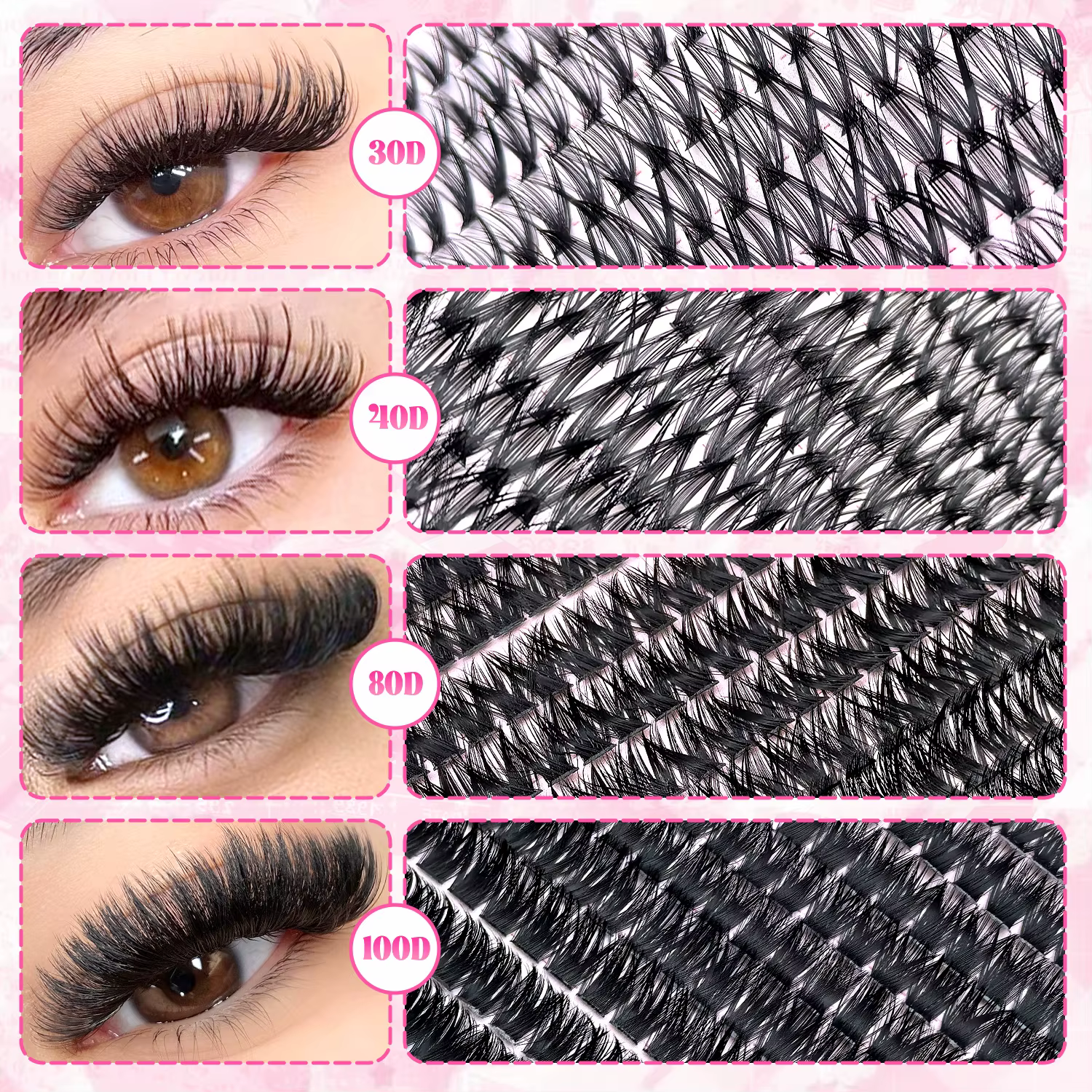 Kit d'extensions de cils en grappe 200/720, style volumineux D Curl, longueurs mixtes 9-16mm, longue
