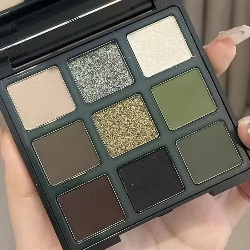 Palette de fards à paupières 9 couleurs, vert Olive, Look nacré, scintillant, mat, rose, cosmétiques