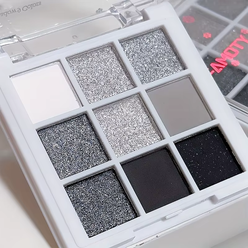 Palette de fards à paupières 9 couleurs, noir foncé gris argenté, finition scintillante mate, Style
