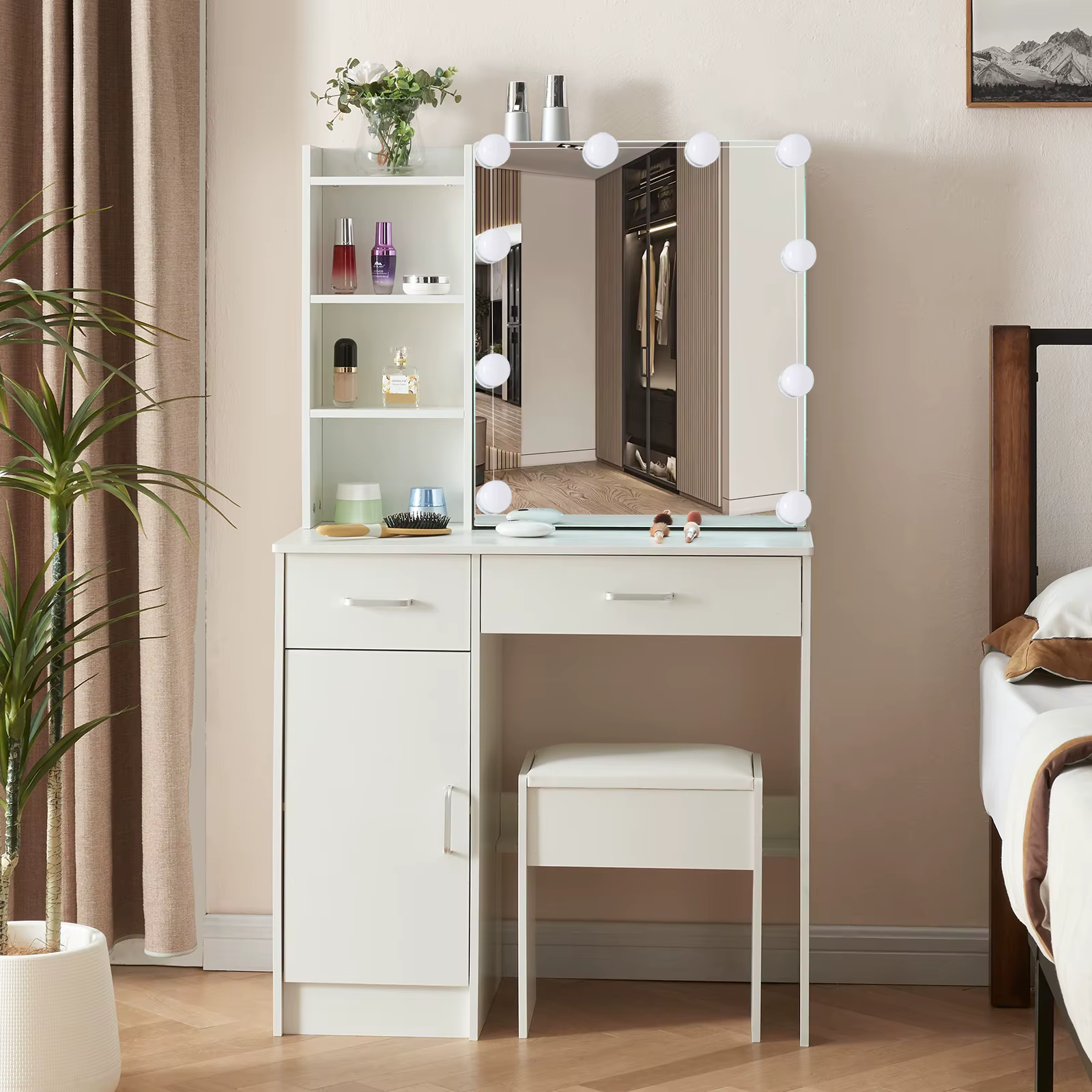 Ensemble de vanité de maquillage avec miroir et lumières, commode, armoire de rangement, 3 modes d'é