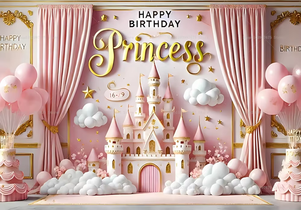 Arrière-plan de château de princesse rose 2D, décor de fête pour mariage, anniversaire, saint-valent