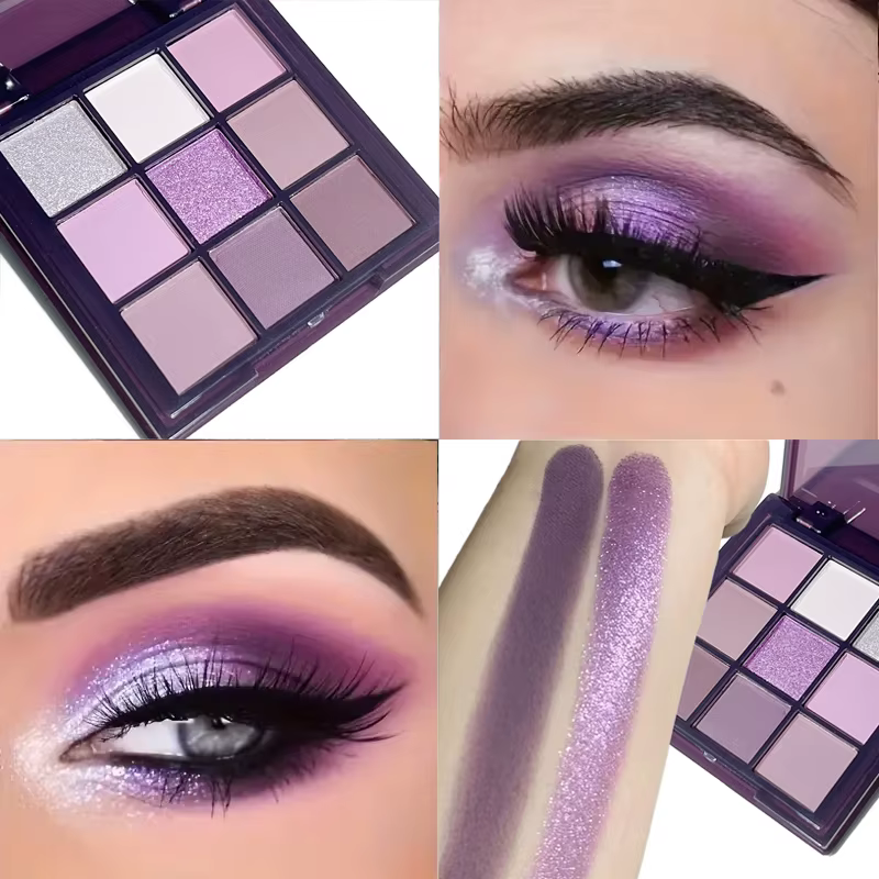 Palette de fards à barrage violets, 9 couleurs de finition naturelles et scintillantes pour un maqui