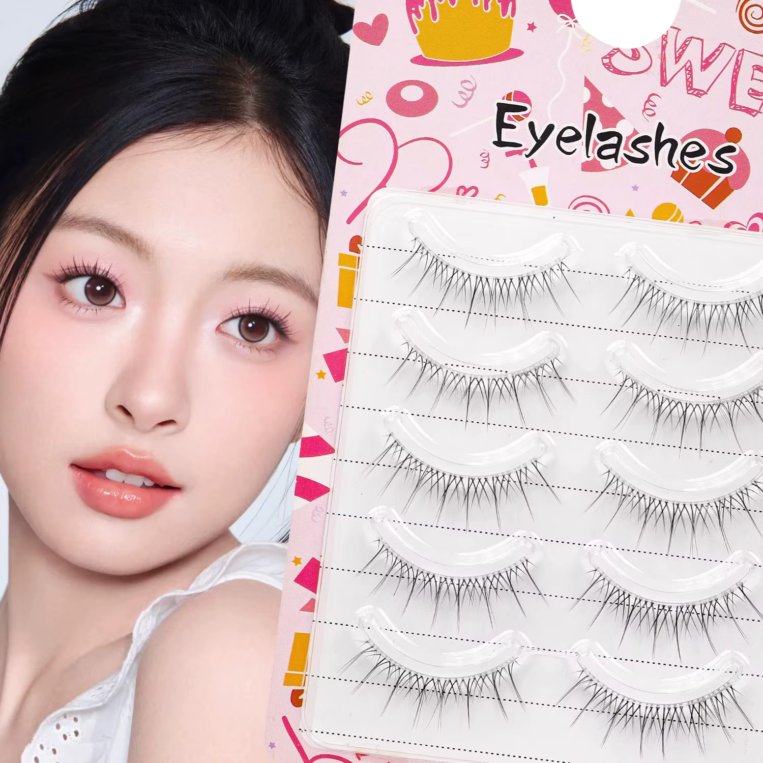 5 paires de faux cils, style naturel et transparent, cils qui semblent nés ainsi, tige transparente,