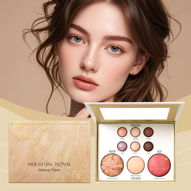 Palette de maquillage multifonctionnelle comprenant des fards à paupières dorés, du contouring, du b