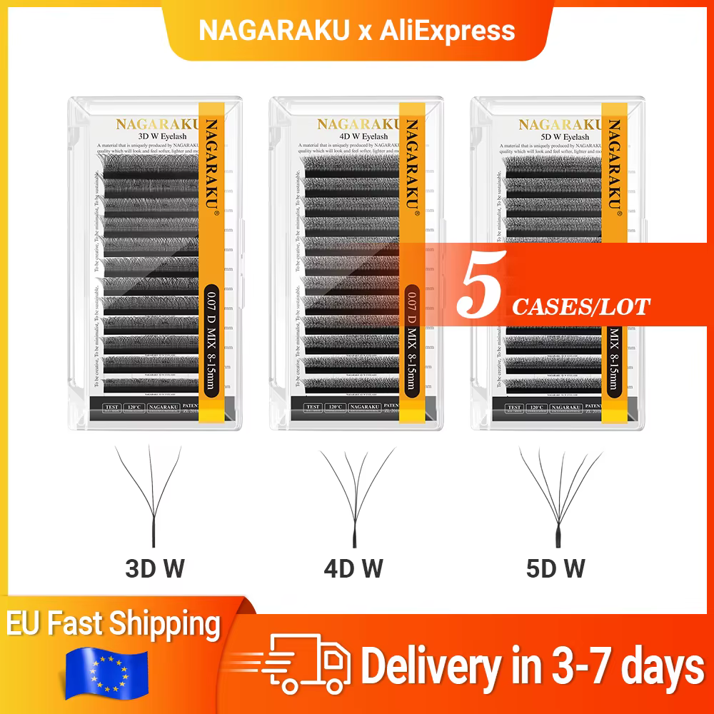 NAGARAKU Livraison Locale UE 5 Boîtes Extensions de Cils Pré-faits en Éventail Forme W Bloom 3D 4D 5