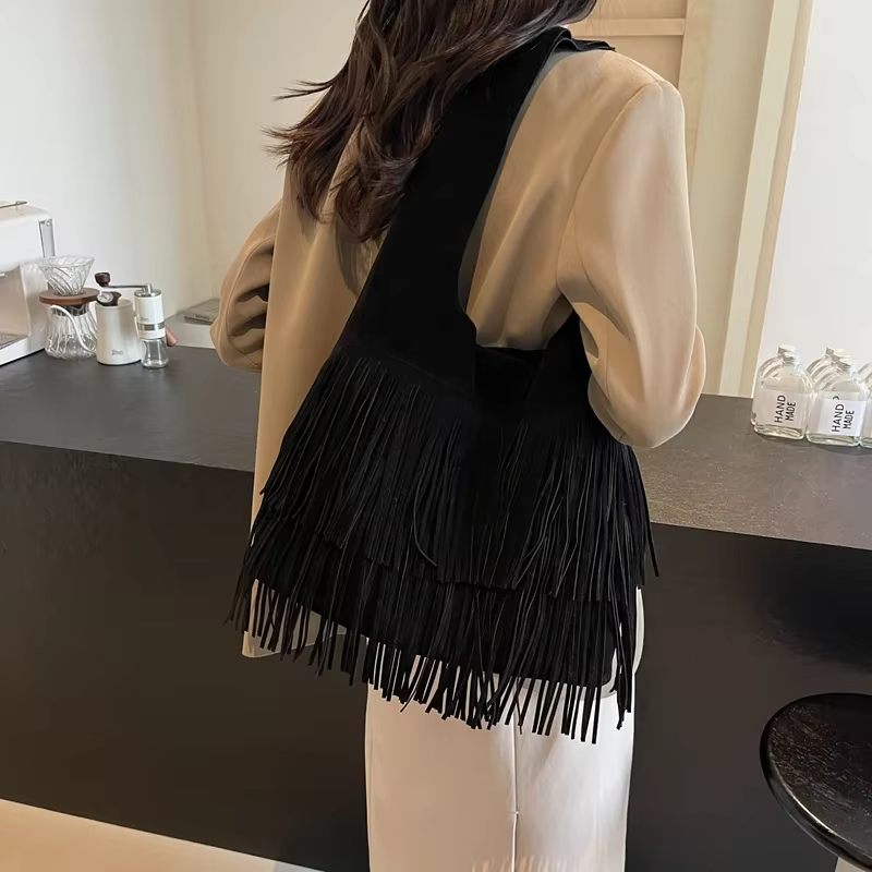 Sac à bandoulière en faux daim pour femme, sac fourre-tout de voyage à franges givrées, sac à main,
