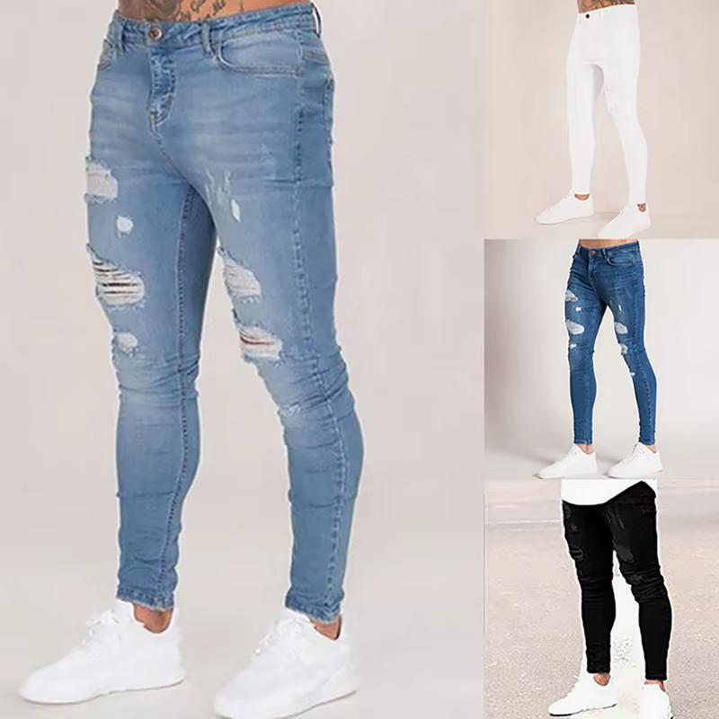Pantalon Harem en jean déchiré pour homme, coupe ajustée, élastique, décontracté, noir, bleu, blanc, style 2026