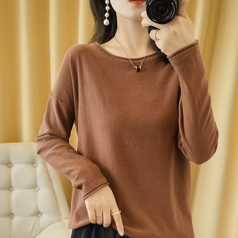 100% coton femmes tricot pull bord serti col rond pull fond pur coton pull printemps automne nouveaux hauts vêtements