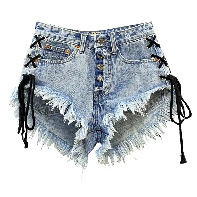 Shorts en jean taille basse pour femme 2026, nouvelle collection, taille haute, simple boutonnage, délavé, effet usé, avec bretelles croisées et déchirures latérales, sexy, style hot pants