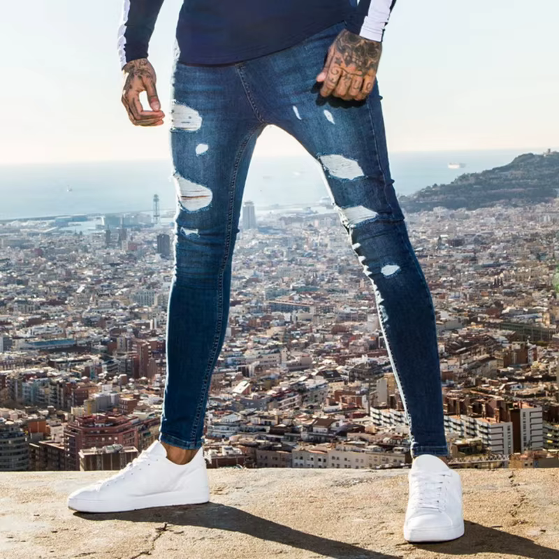 Pantalon Harem en jean déchiré pour homme, coupe ajustée, élastique, décontracté, noir, bleu, blanc, style 2026