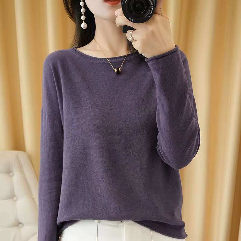 100% coton femmes tricot pull bord serti col rond pull fond pur coton pull printemps automne nouveaux hauts vêtements