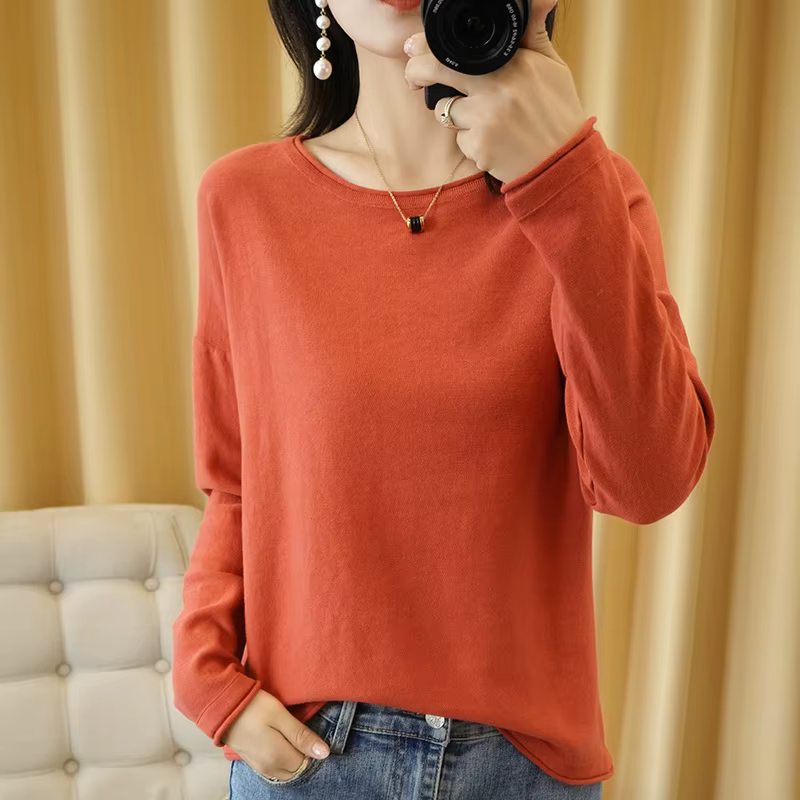 100% coton femmes tricot pull bord serti col rond pull fond pur coton pull printemps automne nouveaux hauts vêtements