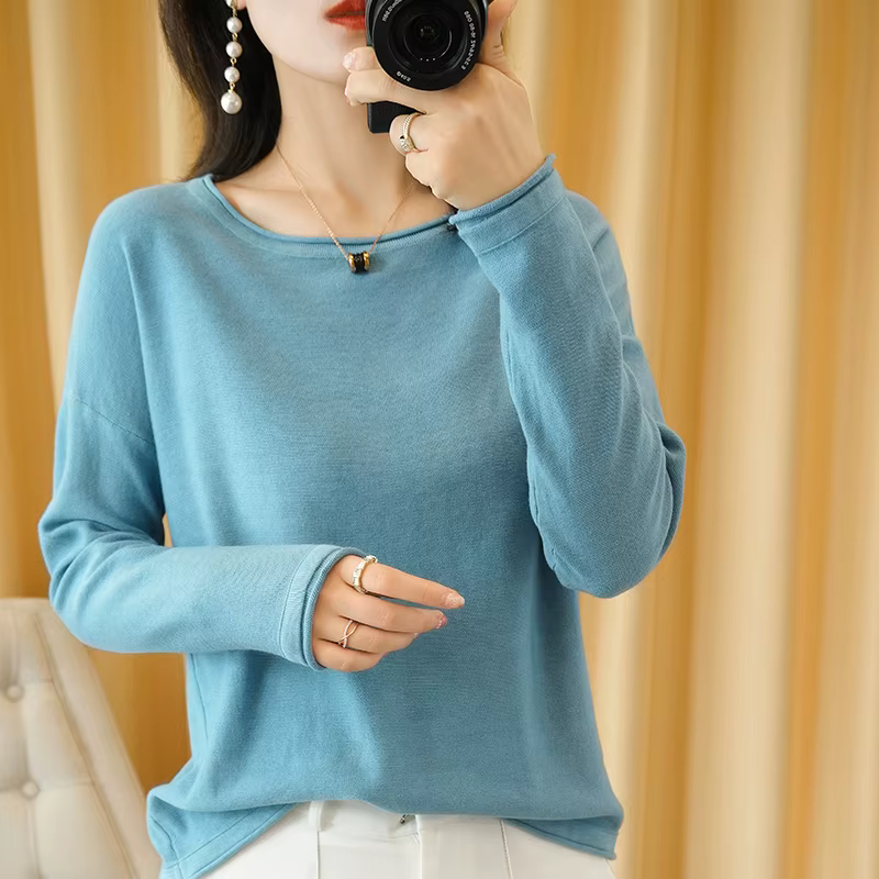100% coton femmes tricot pull bord serti col rond pull fond pur coton pull printemps automne nouveaux hauts vêtements