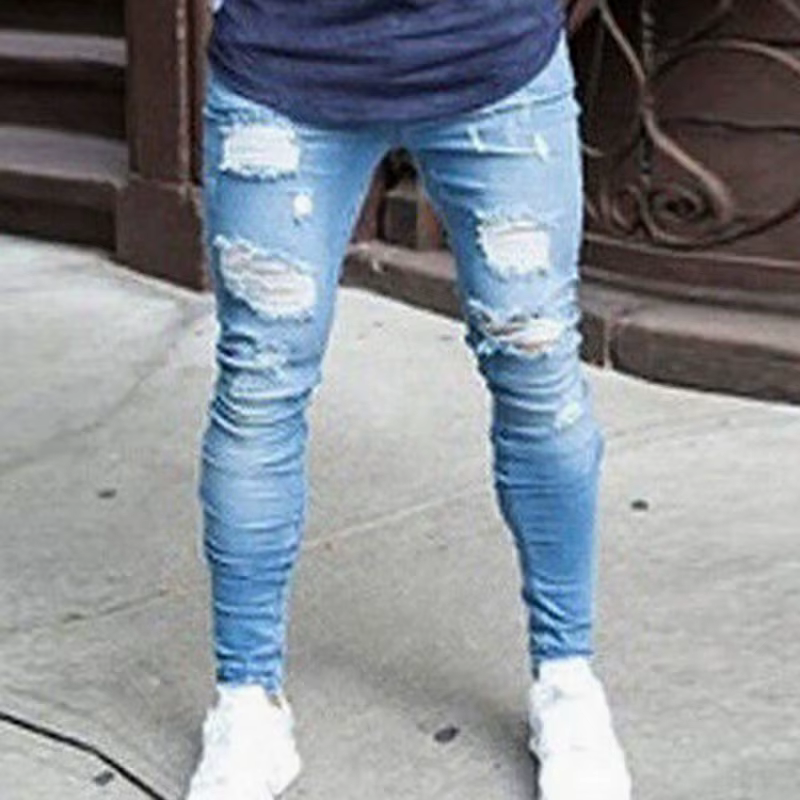 Pantalon Harem en jean déchiré pour homme, coupe ajustée, élastique, décontracté, noir, bleu, blanc, style 2026