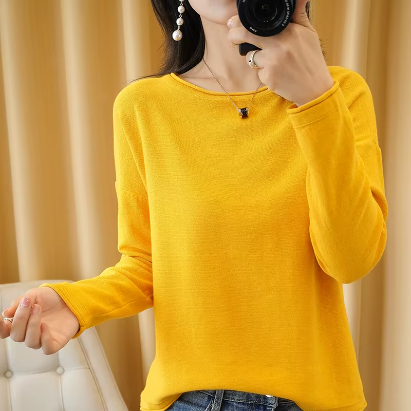 100% coton femmes tricot pull bord serti col rond pull fond pur coton pull printemps automne nouveaux hauts vêtements