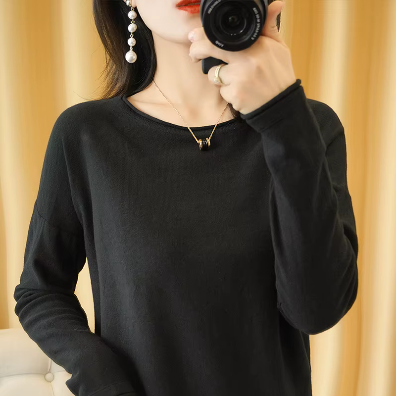 100% coton femmes tricot pull bord serti col rond pull fond pur coton pull printemps automne nouveaux hauts vêtements