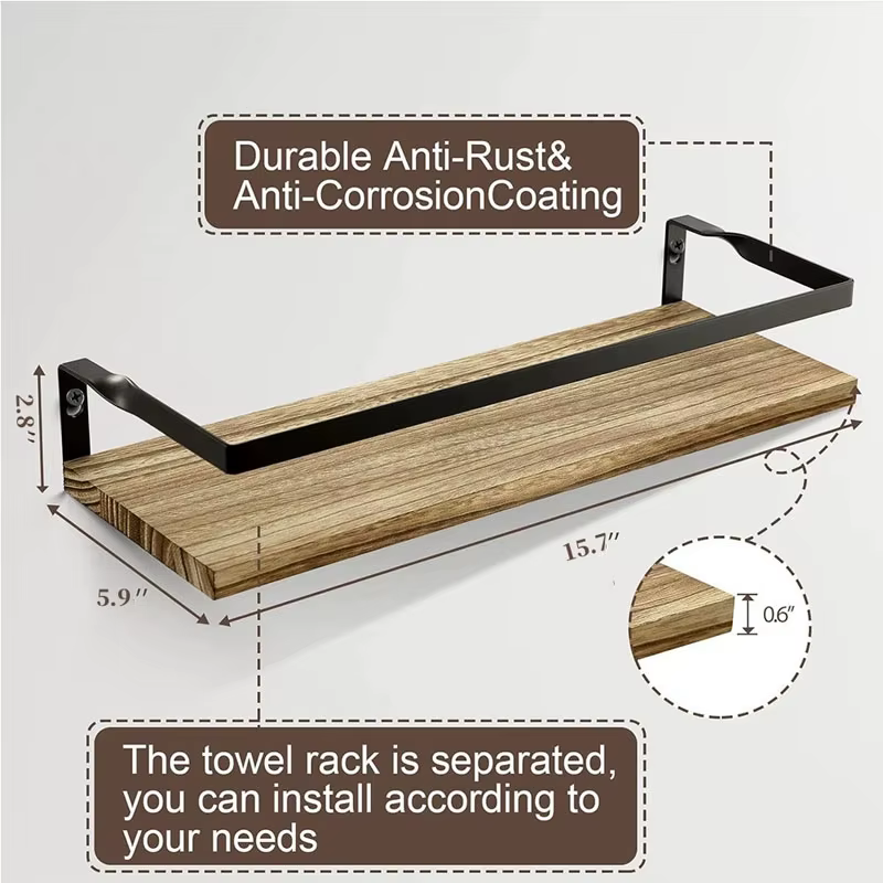 Accessoires de salle de bain et de cuisine : Étagère murale flottante en bois massif à fixer par perçage, pour rangement d'accessoires et matériel de rangement.