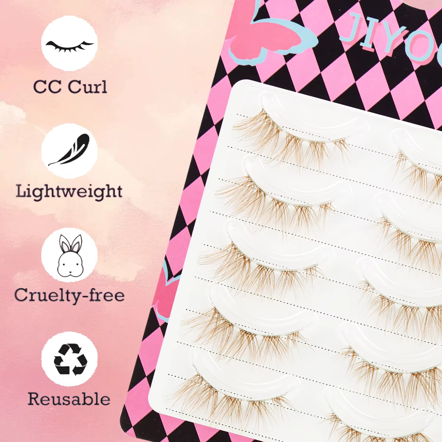 5 paires de faux cils bruns avec des renards volants en diagonale