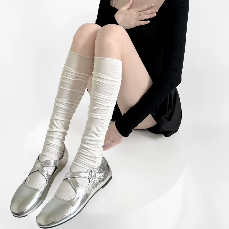 Bas fins en coton pour femmes, couleur unie, noir, blanc, gris, bas de cuisse hauts, Style japonais, chaussettes hautes pour femmes