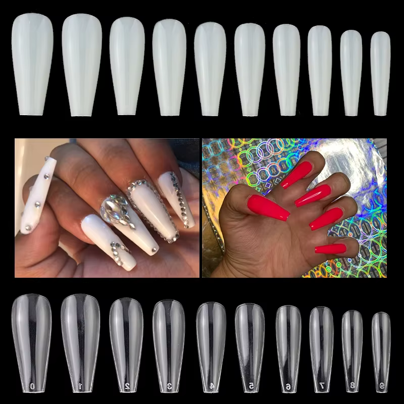 600 pièce/sac longue ballerine cercueil faux ongles conseils clair/couleur naturelle couverture complète faux ongles manucure acrylique presse outils d'art des ongles