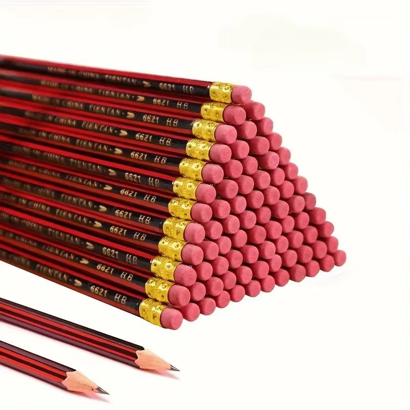 50 crayons en bois HB avec gommes - Corps rouge et noir pour l'écriture, le dessin et le croquis - Pour étudiants et fournitures de bureau