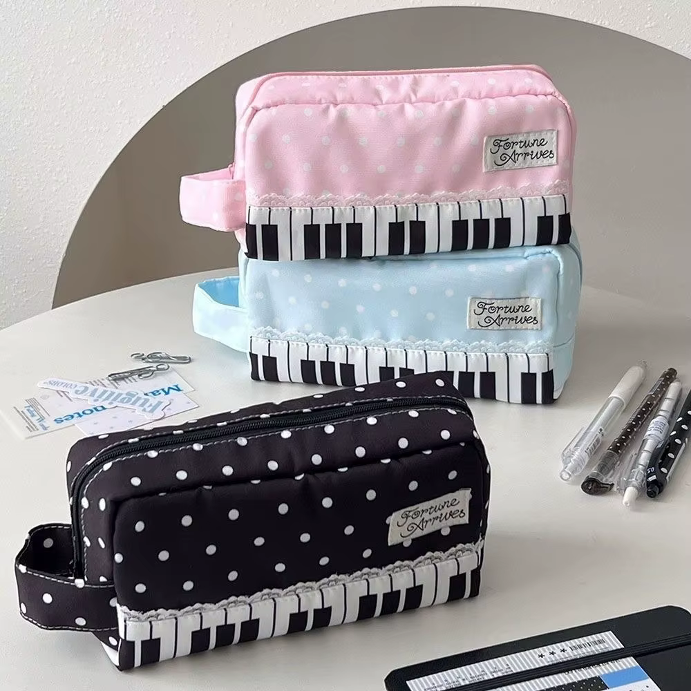 Trousse à crayons Kawaii à pois avec imprimé touches de piano, grande capacité, avec poignée, organiseur de papeterie pour étudiants