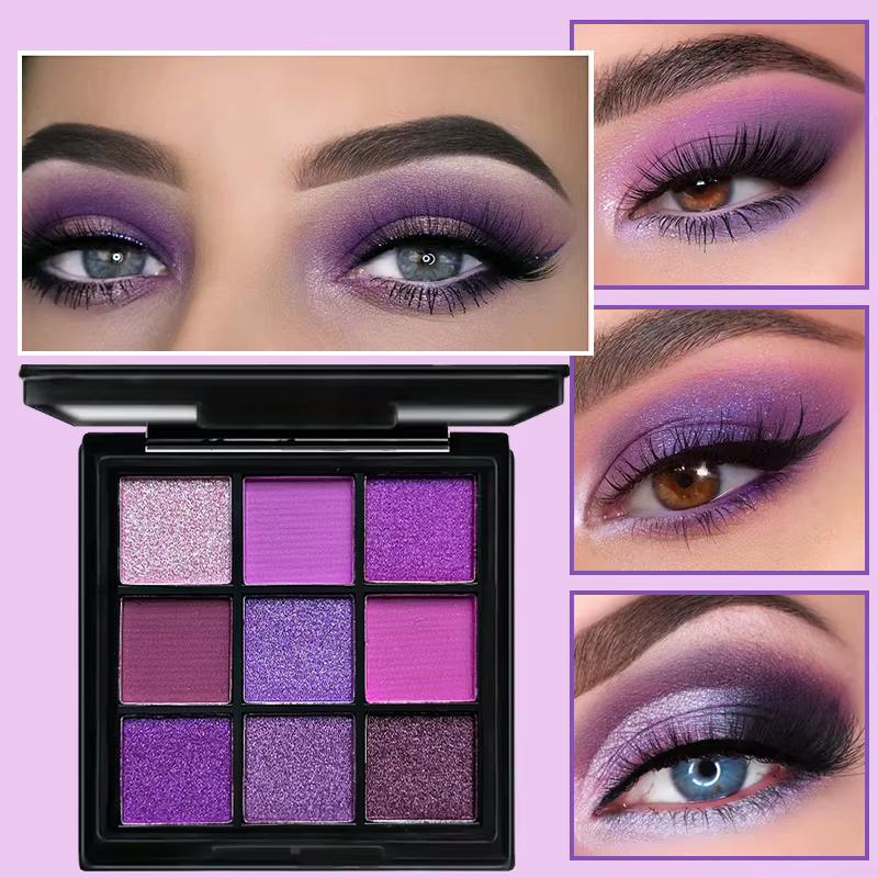 Palette de fards à paupières violets de 9 couleurs avec ensemble de pinceaux à double extrémité gratuit – Shimmer mat riche et nuances scintillantes pour le maquillage quotidien et de fête