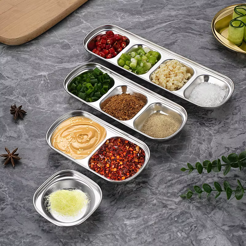Bols à tremper divisés en acier inoxydable, assiette à Sauce, plateau à condiments pour BBQ, vinaigre, épices, Ketchup, sel, sucre, saveur