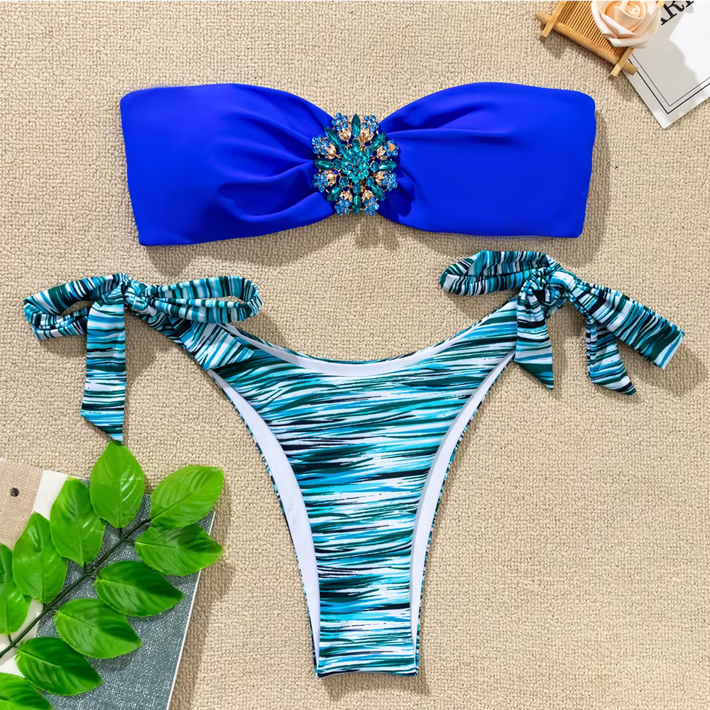 Maillot de bain femme 2026, mini bikini 2 pièces sexy, sans bretelles, dos nu, avec accessoires floraux en strass, pour la plage d'été