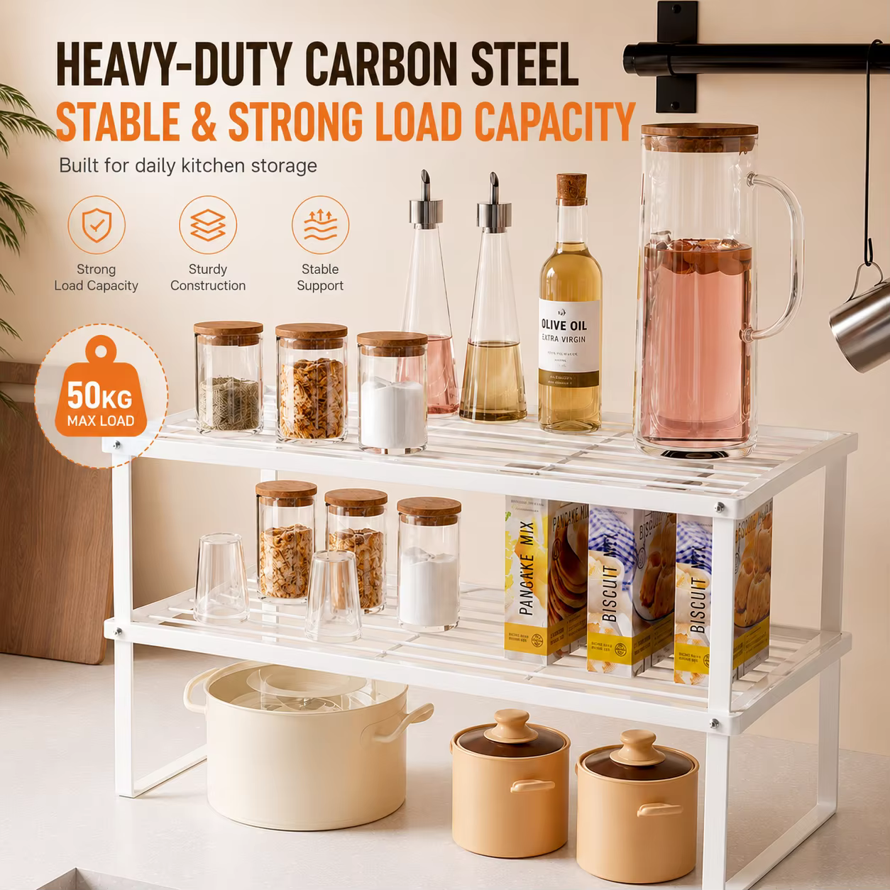Étagère de rangement empilable en acier au carbone pour comptoir de cuisine, organisateur de placard pour bols, assiettes, casseroles, pots à épices, et pour salle de bain ou bureau