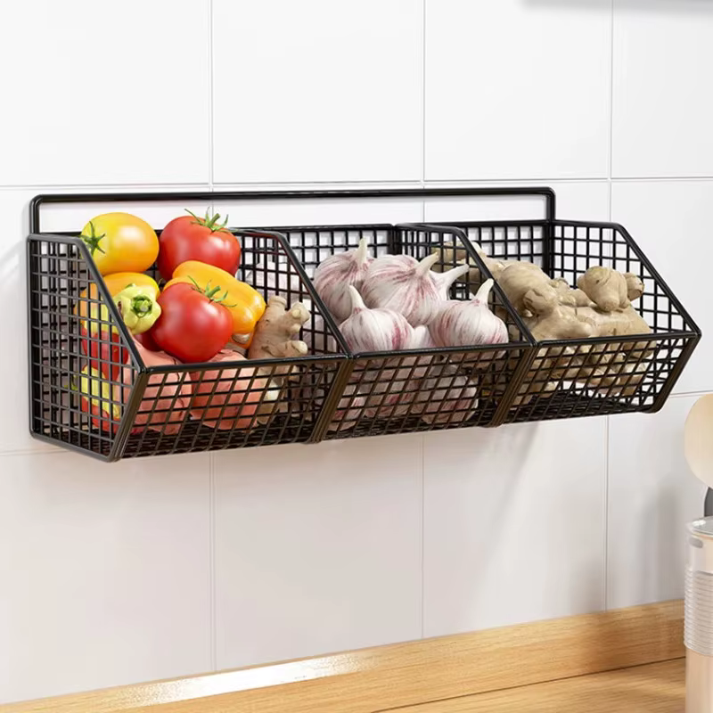 Étagère de rangement murale de cuisine, oignon, gingembre, ail, condiments, épices, étagère de cuisine, panier de vidange de fruits et légumes sans poinçon
