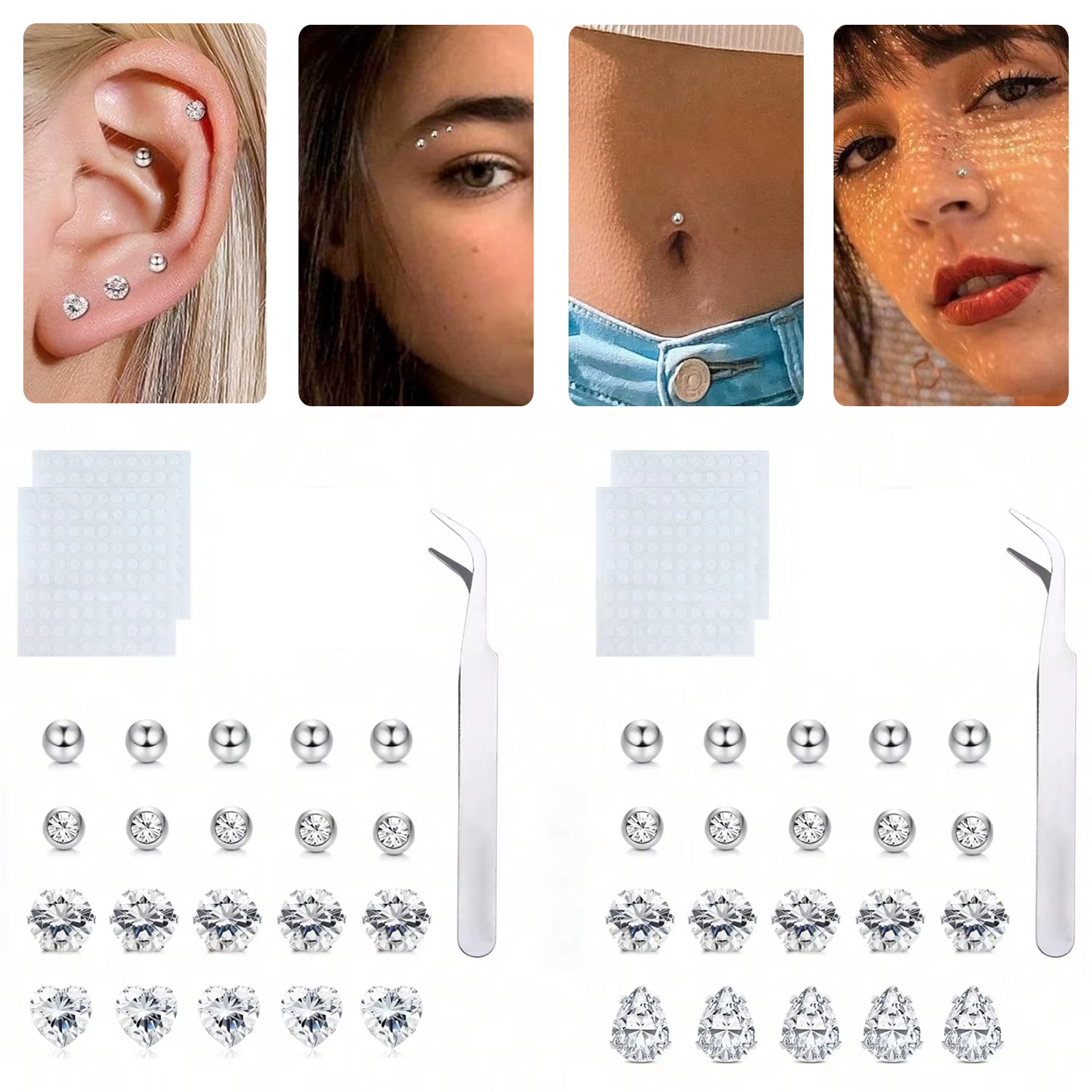 23 pièces/ensemble de bijoux non-percés : faux anneaux pour sourcils, faux anneaux pour lèvres, faux clous d'oreilles, faux anneaux de nombril, faux piercings
