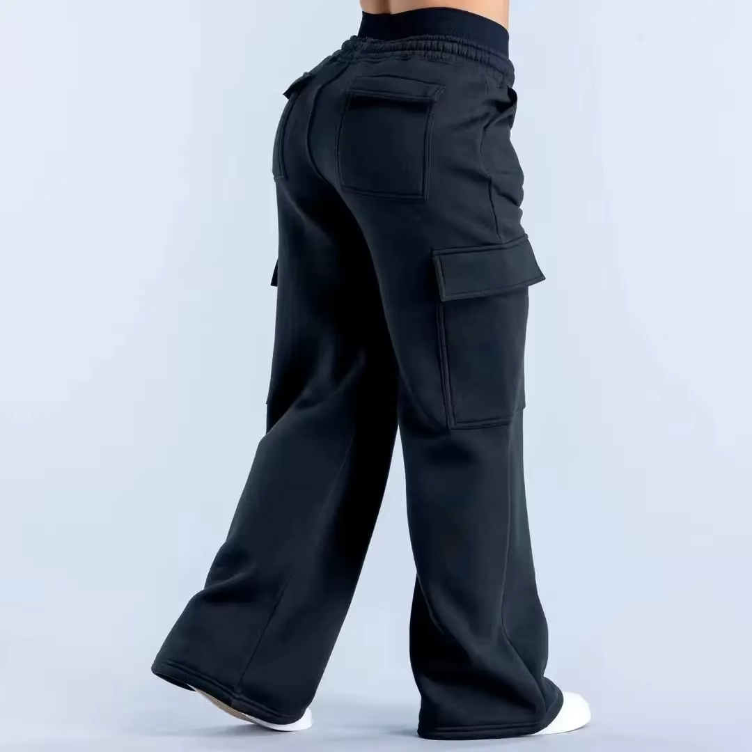Pantalon de travail américain décontracté pour femme, taille basse, ceinturé, coupe droite, jambe large, couleur unie, plusieurs poches