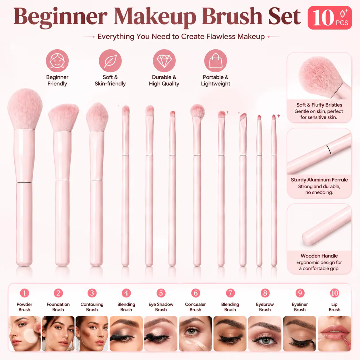 Ensemble de 10 pinceaux de maquillage pour débutants – Poudre