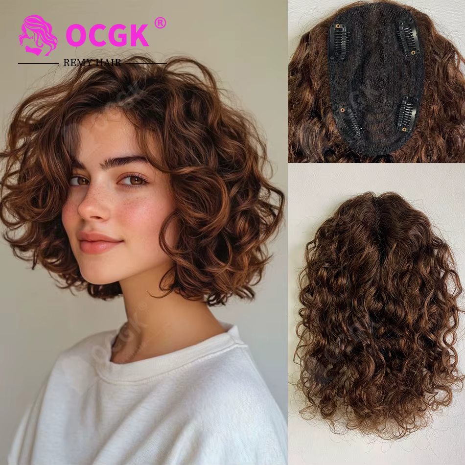 Topper capillaire pour femme 12 pouces, cheveux humains bouclés – Brun, ajoute du volume et de la pleine force aux cheveux clairsemés, pour usage quotidien