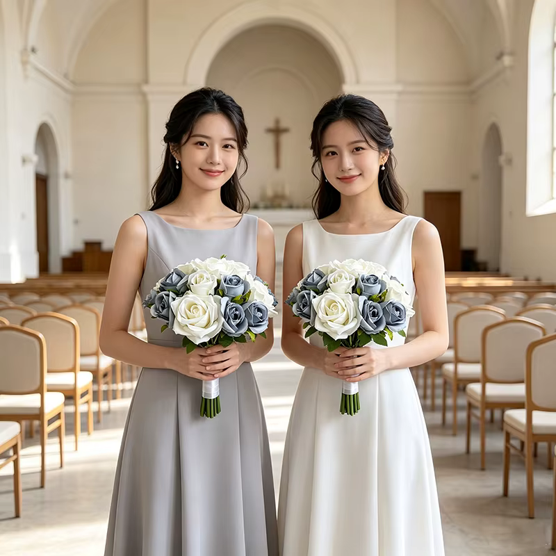 Bouquet de mariée bleu poussiéreux, accessoires de mariage, bouquets de demoiselles d'honneur, fausses roses, fleurs artificielles, décoration de centre de table