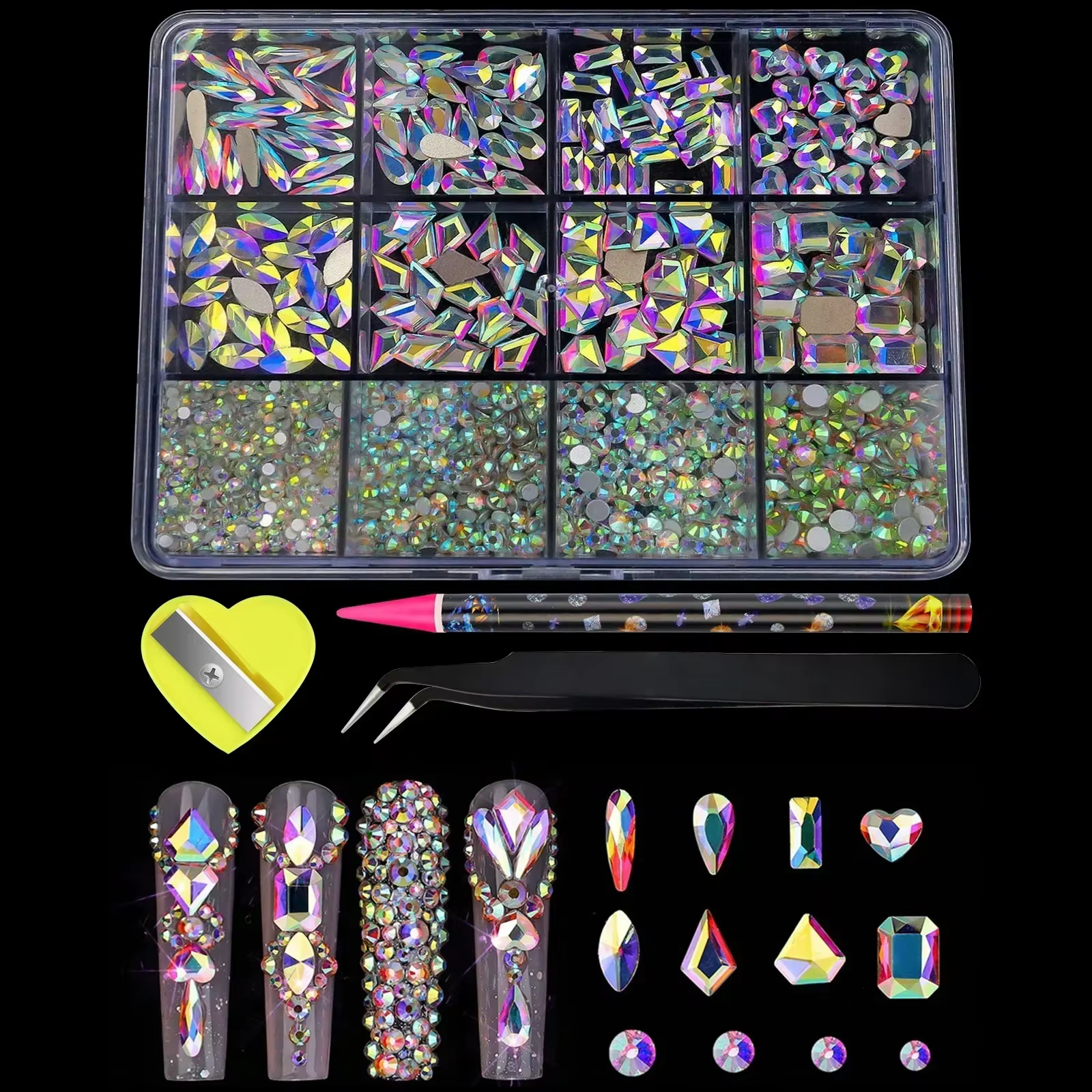 Strass à fond plat pour ongles, 12 grilles, verre de forme mixte, cristal, Kit de breloques de Luxe, accessoires de décoration d'ongles à faire soi-même
