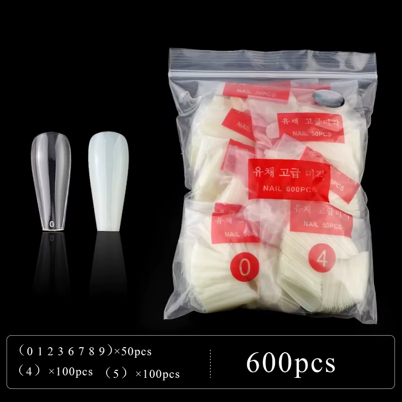 600 pièce/sac longue ballerine cercueil faux ongles conseils clair/couleur naturelle couverture complète faux ongles manucure acrylique presse outils d'art des ongles