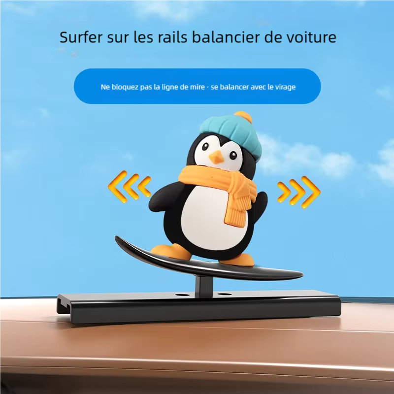 Ornement de Rail coulissant de voiture pingouin de surf mignon-décor de tableau de bord amusant avec mouvement à glissement lisse