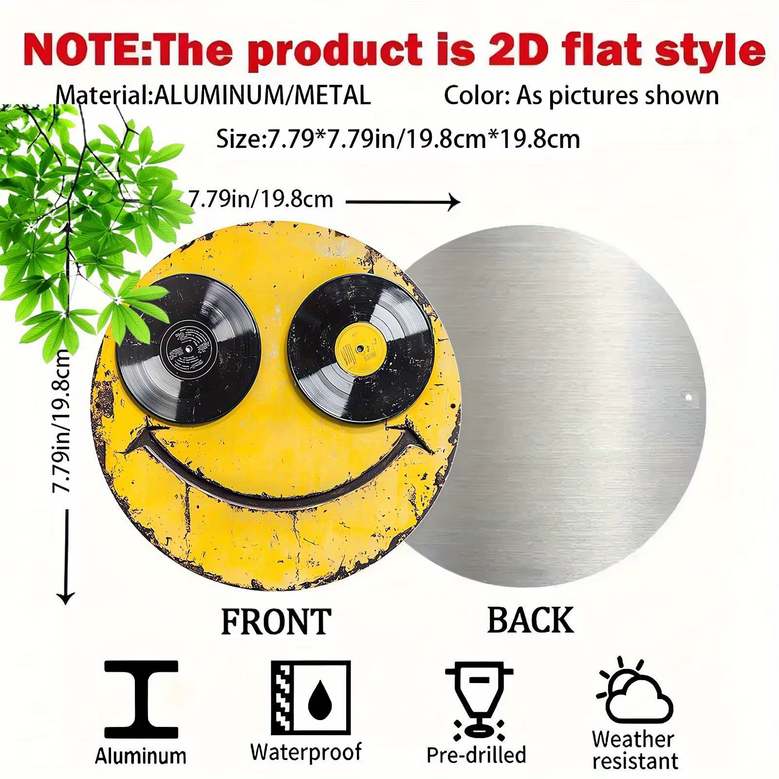 [Art mural en aluminium] Plat 2D] Une pièce d'art mural rond plat 2D en aluminium mesurant avec un visage souriant, parfait pour la décoration