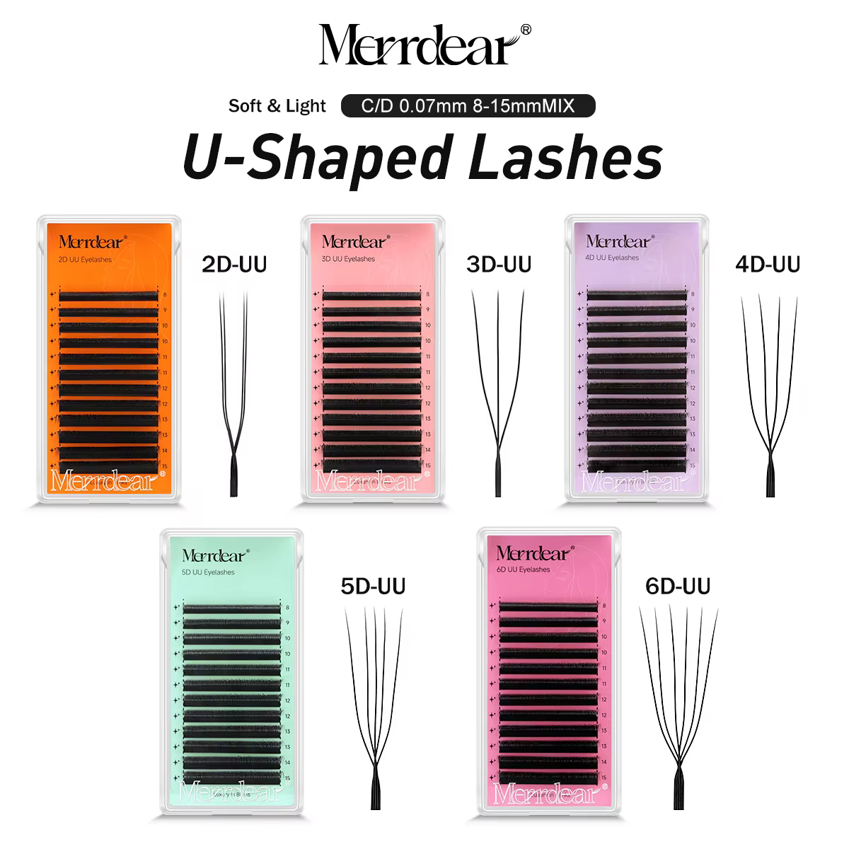 Merrdear C/D U-Shaped 2D/3D/4D/5D/6D Mix 8-15MM Faux Cils Professionnels Faits Main Volume Naturel Fournitures