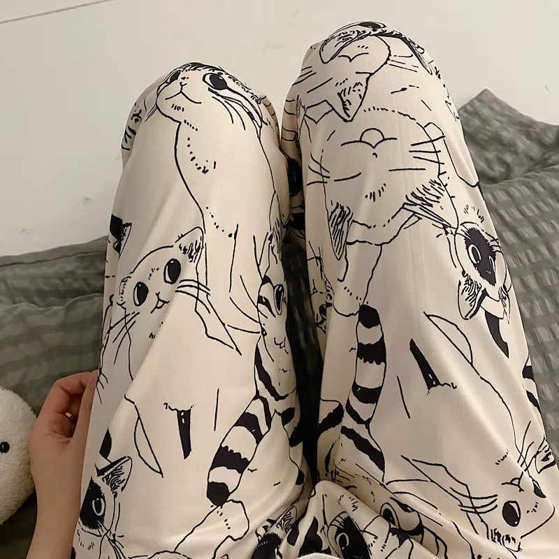 Pantalon de pyjama pour femme, motif chat de dessin animé Moe Big Battle, pantalon décontracté ample pour étudiante, pantalon de nuit pour femme