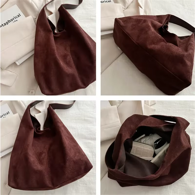 Sac pour femmes en Faux daim, sac à main Simple de grande capacité pour femmes, sac à bandoulière sous les aisselles, sac fourre-tout rétro de couleur unie