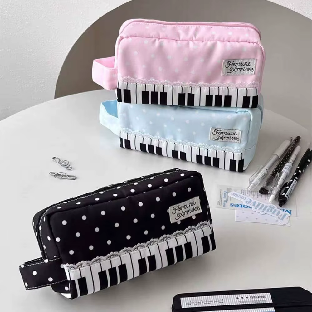 Étui à crayons Kawaii imprimé à pois avec poignée, sac à stylos de grande capacité, pochette de papeterie, fournitures scolaires