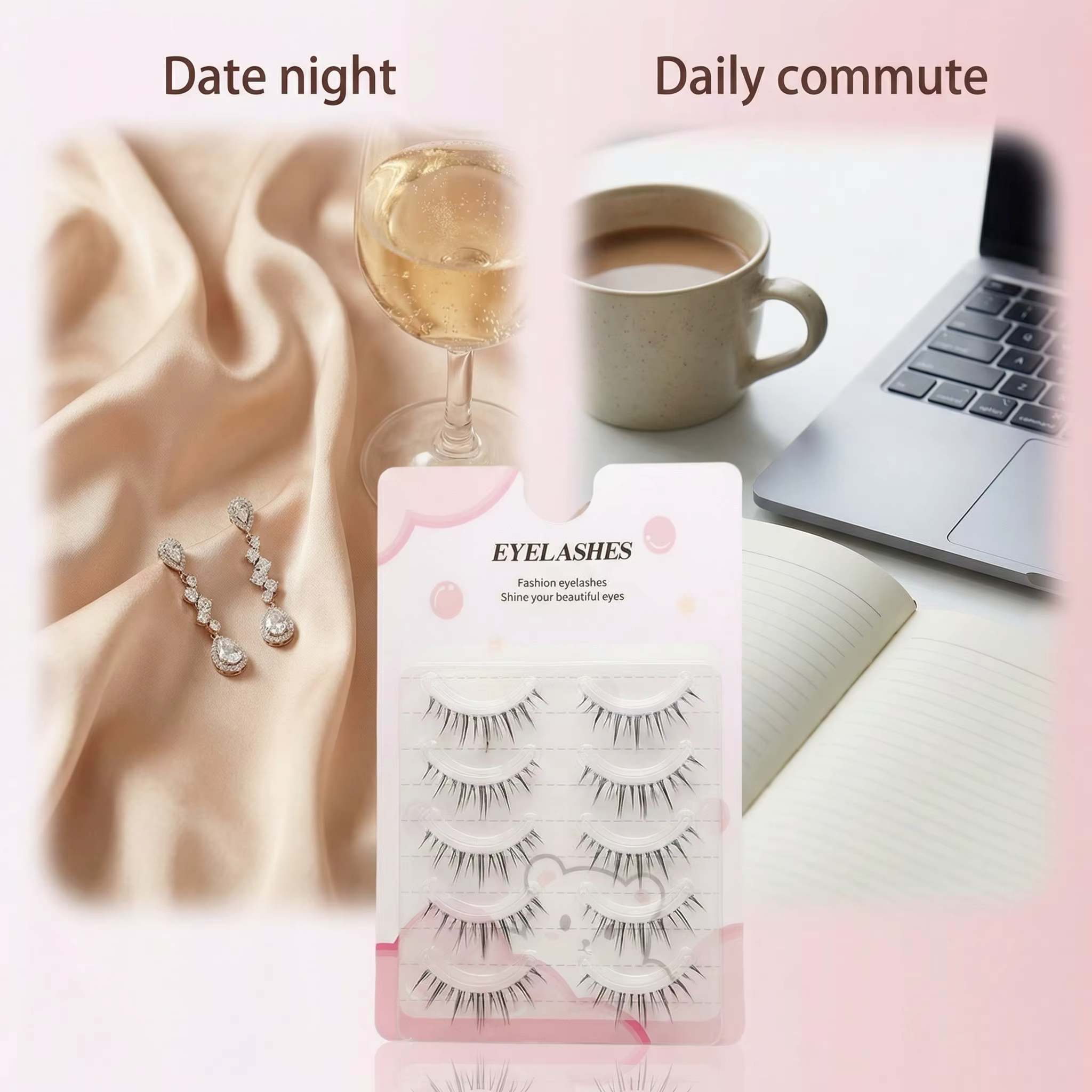 Un coffret de cinq paires de faux cils de style manga avec une base transparente