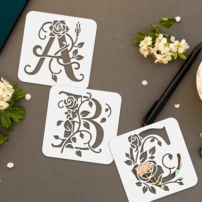 36 modèles de lettres florales réutilisables, pochoirs de peinture de lettres roses, pochoirs de graffiti ajourés, moules d'impression jet d'encre pour décoration murale