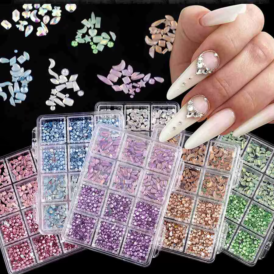 Strass à fond plat pour ongles, 12 grilles, verre de forme mixte, cristal, Kit de breloques de Luxe, accessoires de décoration d'ongles à faire soi-même