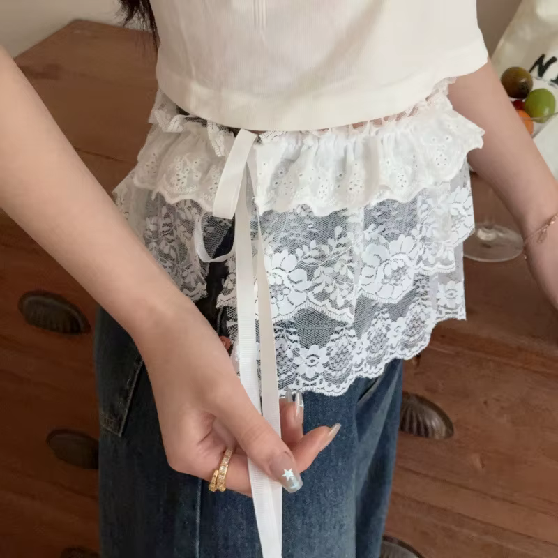 Jupe irrégulière en dentelle pour femmes, mode coréenne, rideau à fleurs blanches, maille, demi-corps, bas d'été, jean, ourlet décoratif